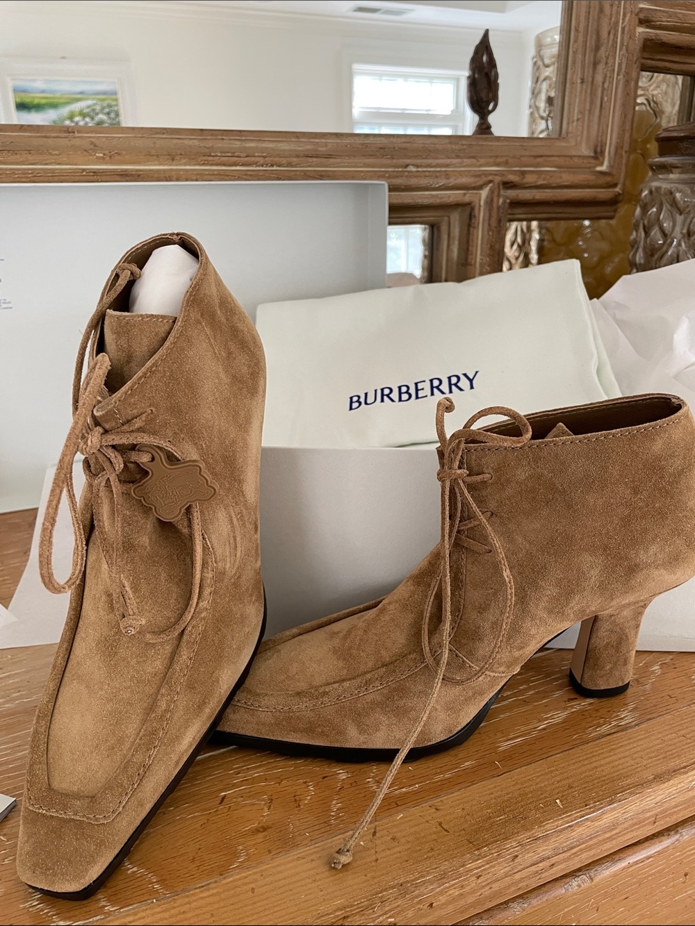 Burberry Tan Suede Lace-Up Ankle Boots